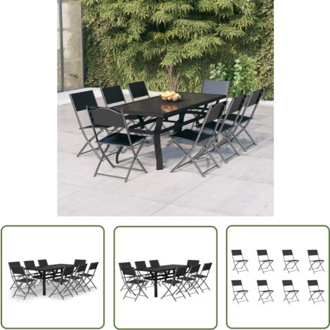 The Living Store 9-tlg. Garten-Essgruppe Grau und Schwarz - Outdoor Essgruppe - Gartentisch - Gartenstuhl - Edelstahl - Metall