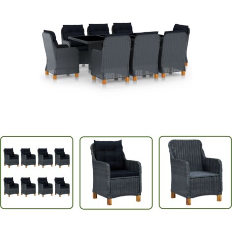 The Living Store 9-tlg. Garten-Essgruppe mit Auflagen Poly Rattan Dunkelgrau - Esstisch - Gartenmöbel - Outdoor-Tisch - Rattan-Tisch - Gartensessel