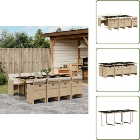 The Living Store 9-tlg. Garten-Essgruppe mit Kissen Beige Poly Rattan - Gartenmöbel Set - Esstisch - Gartenstühle - Outdoor Möbel - Rattan Gartenmöbel
