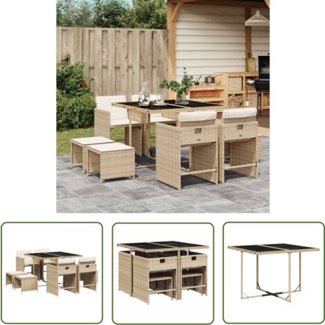 The Living Store 9-tlg. Garten-Essgruppe mit Kissen Beige Poly Rattan - Gartenmöbel Set - PE-Rattan Möbel - Outdoor Esstisch - Gartenstühle - Gartenhocker
