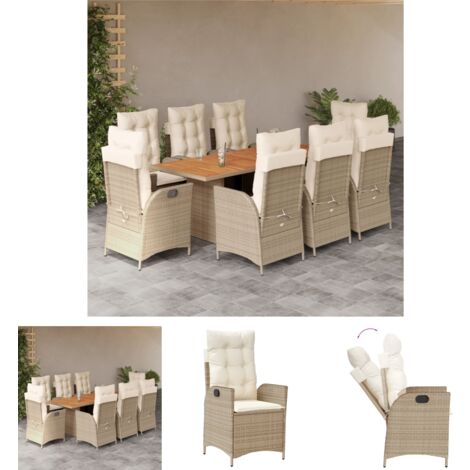 The Living Store 9-tlg. Garten-Essgruppe mit Kissen Beige Poly Rattan - Gartenmöbel-Sets