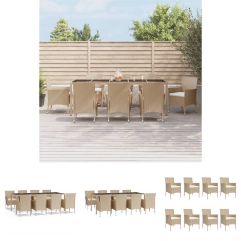 The Living Store 9-tlg. Garten-Essgruppe mit Kissen Beige Poly Rattan - Gartenmöbel-Sets