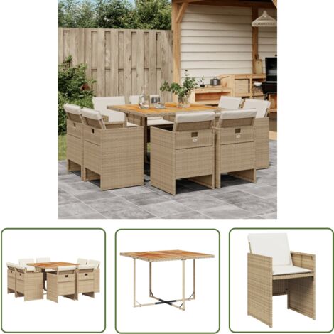 The Living Store 9-tlg. Garten-Essgruppe mit Kissen Beige Poly Rattan - Gartensessel - Gartenstühle - Gartenmöbelset - Outdoor Möbel - Terrassenmöbel