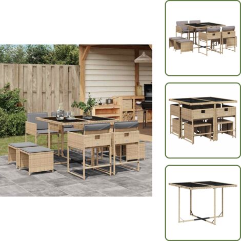 The Living Store 9-tlg. Garten-Essgruppe mit Kissen Beigemischung Poly Rattan - Gartenmöbel Set - Gartentisch - Gartenstühle - Gartenhocker - Rattan Möbel