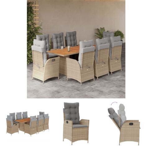 The Living Store 9-tlg. Garten-Essgruppe mit Kissen Beigemischung Poly Rattan - Gartenmöbel-Sets