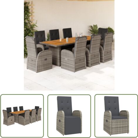 The Living Store 9-tlg. Garten-Essgruppe mit Kissen Grau Poly Rattan - Garten Möbel - Outdoor Essbereich - Gartenset - Esstisch Set - Lounge Gruppe