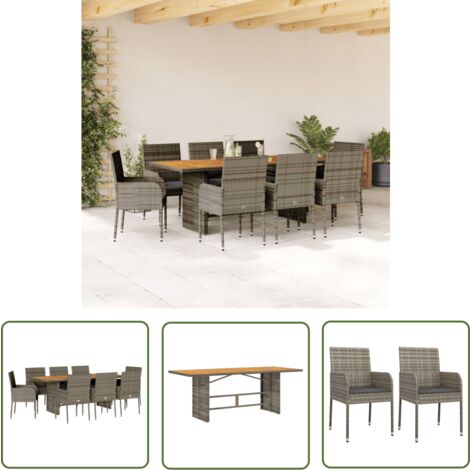 The Living Store 9-tlg. Garten-Essgruppe mit Kissen Grau Poly Rattan - Gartenmöbel - Essgruppe - Outdoor Essgruppe - Terrassenmöbel - Gartenset