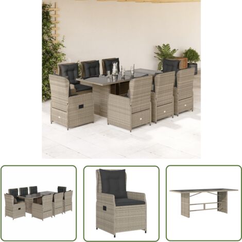 The Living Store 9-tlg. Garten-Essgruppe mit Kissen Hellgrau Poly Rattan - Gartengruppe - Gartenmöbel - Esstisch - Gartenset - Lounge Set