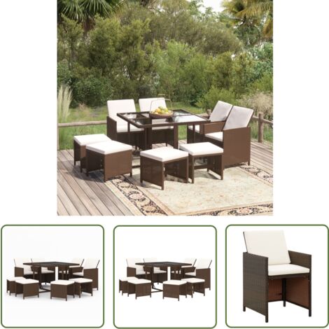 The Living Store 9-tlg. Garten-Essgruppe mit Kissen Poly Rattan Braun - Garten Möbel - Essgruppe - Outdoor Esstisch - Rattan Gartenmöbel - Gartenset