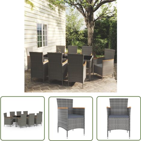 The Living Store 9-tlg. Garten-Essgruppe mit Kissen Poly Rattan Grau - Gartengarnituren - Gartenmöbel Set - Outdoor Esstisch - Rattan Gartenstuhl - Balkonmöbel