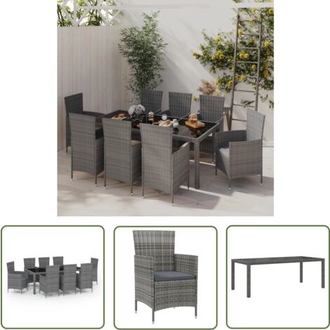 The Living Store 9-tlg. Garten-Essgruppe mit Kissen Poly Rattan Grau - Gartenmöbel - Esstisch - Gartensessel - Rattan Gartenmöbel - Outdoor Möbel