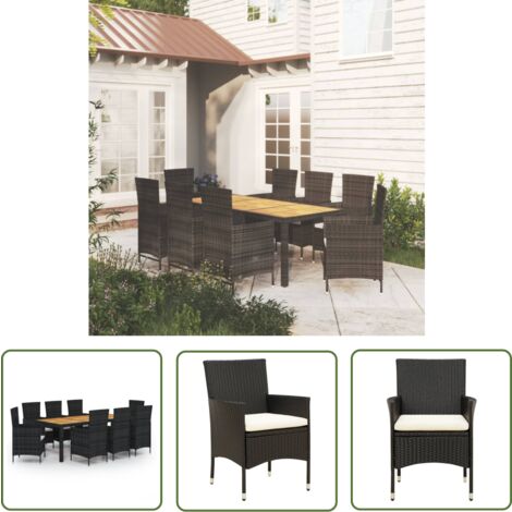 The Living Store 9-tlg. Garten-Essgruppe mit Kissen Poly Rattan Schwarz - Gartengarnituren - Gartenmöbel Set - Outdoor Esstisch - Essplatz Im Freien - Rattan Gartenmöbel
