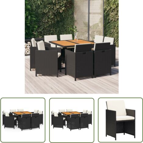 The Living Store 9-tlg. Garten-Essgruppe mit Kissen Poly Rattan Schwarz - Gartengruppe - Esstisch - Gartenmöbel - Rattan Möbel - Outdoor Möbel