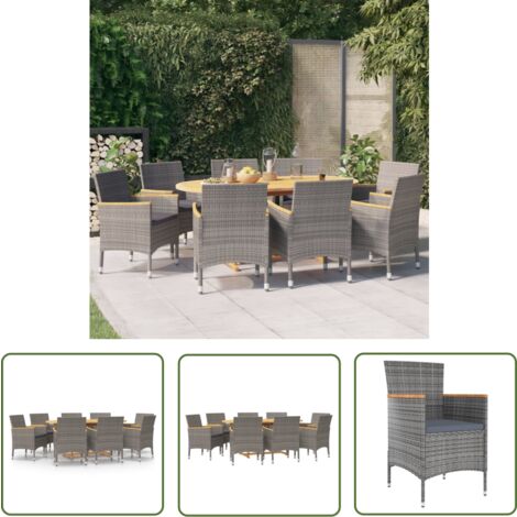 The Living Store 9-tlg. Garten-Essgruppe mit Kissen Schwarz - Gartensessel - Gartentisch - Rattan Möbel - Holztisch - Outdoor Essbereich