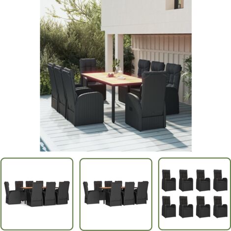 The Living Store 9-tlg. Garten-Essgruppe mit Kissen Schwarz Poly Rattan - Gartensessel - Gartenmöbel - Outdoor Möbel - Esstisch - Essgruppe