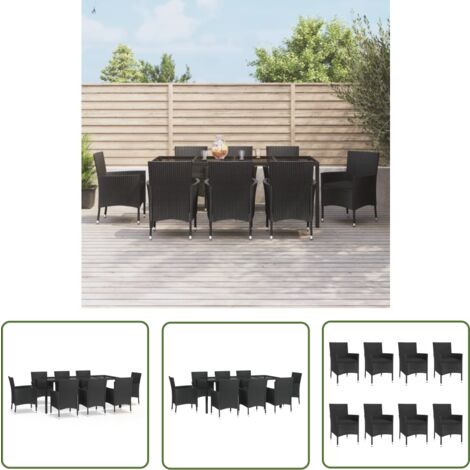The Living Store 9-tlg. Garten-Essgruppe mit Kissen Schwarz Poly Rattan - Gartensessel - Gartentisch - Outdoor Möbel - Gartenmöbelset - Polyrattan
