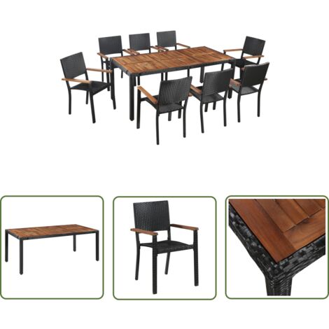 The Living Store 9-tlg. Garten-Essgruppe Poly Rattan Akazie Massivholz Schwarz - Gartenmöbel - Essgruppe - Outdoor-Möbel - Rattanmöbel - Holztisch