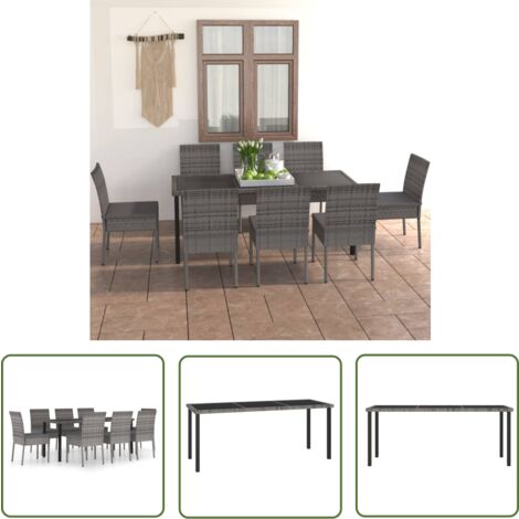 The Living Store 9-tlg. Garten-Essgruppe Poly Rattan Grau - Gartengruppe - Esstisch - Gartenmöbel - Outdoormöbel - Rattanmöbel