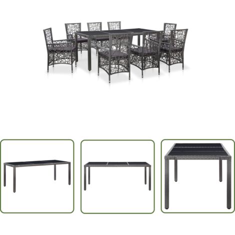 The Living Store 9-tlg. Garten-Essgruppe Poly Rattan Grau - Gartentisch - Essgruppen - Outdoor-Möbel - Gartenmöbel - Rattanmöbel