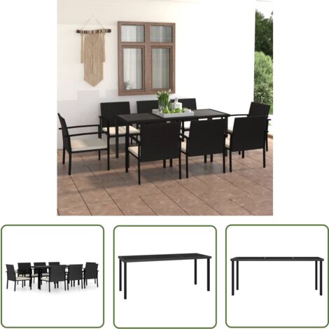 The Living Store 9-tlg. Garten-Essgruppe Poly Rattan Schwarz - Gartengruppe - Esstisch - Gartenstuhl - Outdoormöbel - Polyrattan