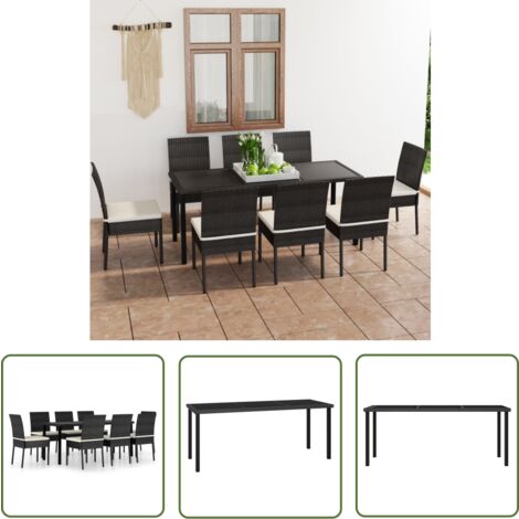 The Living Store 9-tlg. Garten-Essgruppe Poly Rattan Schwarz - Gartengruppe - Esstisch - Gartenstuhl - Outdoormöbel - Rattanmöbel
