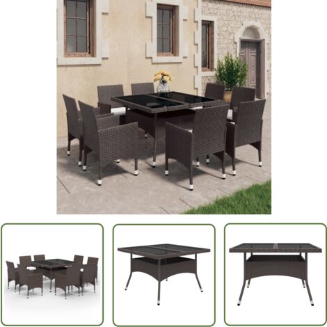 The Living Store 9-tlg. Garten-Essgruppe Poly Rattan und Glas Braun - Gartensessel - Gartentisch - Outdoor Möbel - Gartenmöbelset - Rattan Gartenmöbel
