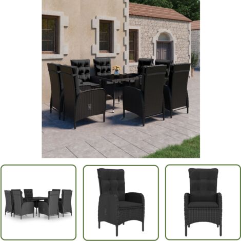 The Living Store 9-tlg. Garten-Essgruppe Poly Rattan und Glas Schwarz - Gartengruppe - Esstisch - Gartenstuhl - Outdoor Möbel - Rattan Gartenmöbel