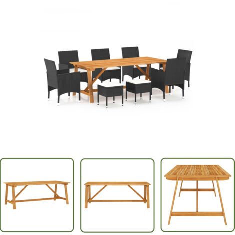 The Living Store 9-tlg. Garten-Essgruppe Schwarz - Gartensessel - Gartentisch - Outdoor Möbel - Gartenmöbeln - Polyrattan