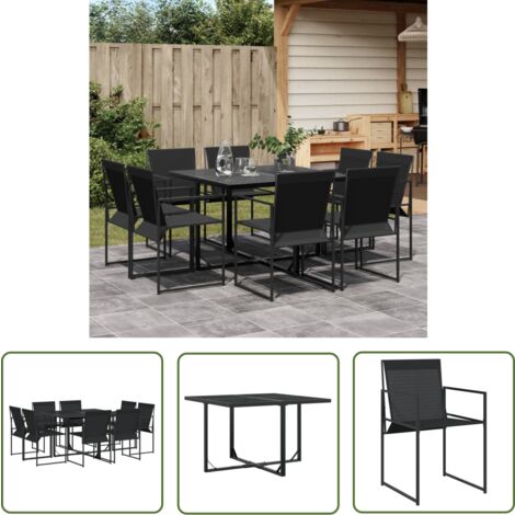 The Living Store 9-tlg. Garten-Essgruppe Schwarz Textilene - Gartentisch - Esstisch - Gartenmöbel - Rattanmöbel - Outdoor-Möbel