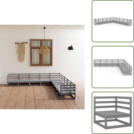 The Living Store 9-tlg. Garten-Lounge-Set Grau Kiefer Massivholz - Gartensofa - Lounge Set - Gartenmöbeln - Rattan Gartenmöbel - Holz Gartenmöbel