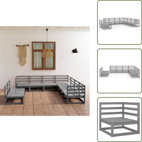 The Living Store 9-tlg. Garten-Lounge-Set Grau Kiefer Massivholz - Gartensofa - Lounge Set - Gartenmöbeln - Rattan Gartenmöbel - Holz Gartenmöbel