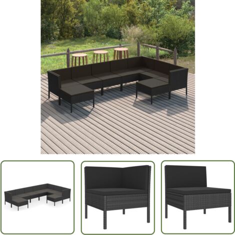 The Living Store 9-tlg. Garten-Lounge-Set mit Auflagen Poly Rattan Schwarz - Gartensonnenliege - Gartenloungeset - Outdoor-Sofa - Poolparty - Gartenmöbeln