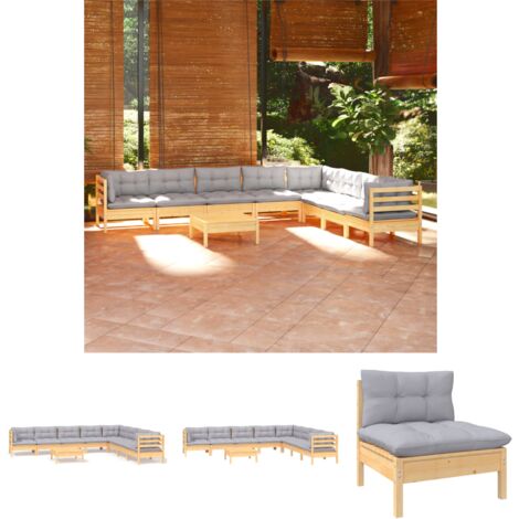 The Living Store - 9-tlg. Garten-Lounge-Set mit Grauen Kissen Kiefer Massivholz