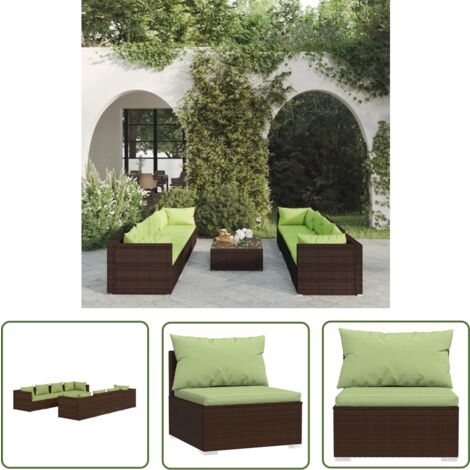 The Living Store 9-tlg. Garten-Lounge-Set mit Kissen Poly Rattan Braun - Gartensitzgruppe - Lounge Set - Outdoor Möbel - Gartenmöbel - Rattan Gartenmöbel