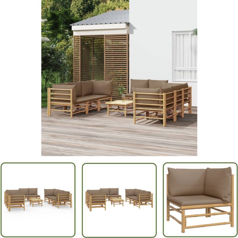 9-tlg. Garten-lounge-set Mit Kissen Taupe Bambus - Bambus Möbel - Gartenloungeset - Outdoor Möbel - Gartenmöbel - Esstisch - The Living Store