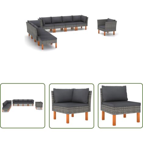 The Living Store 9-tlg. Garten-Lounge-Set Poly Rattan und Eukalyptusholz Grau - Gartensitzgruppe - Lounge-Set - Gartenmöbel - Outdoor-Möbel - Rattanmöbel