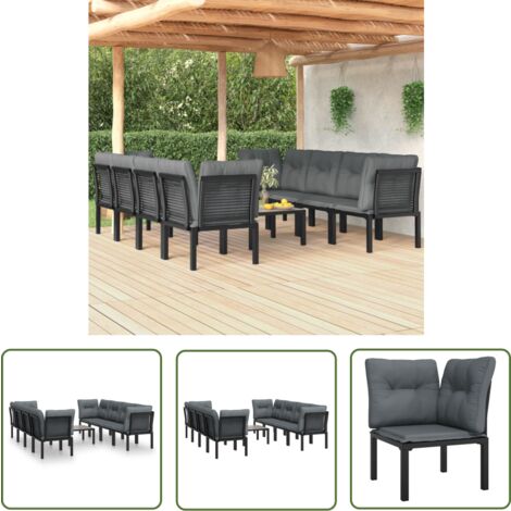 The Living Store 9-tlg. Garten-Lounge-Set Schwarz und Grau Poly Rattan - Gartensessel - Loungesessel - Gartenmöbeln - Outdoor Möbel - Rattan Sessel