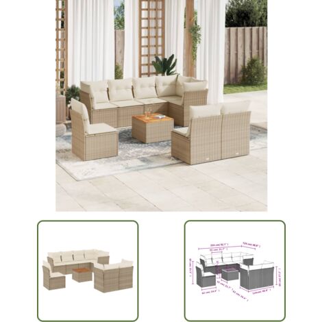 The Living Store 9-tlg. Garten-Sofagarnitur mit Kissen Beige Poly Rattan - Gartenmöbel - Outdoor Möbel - Rattan Gartenmöbel - Lounge Set - Esstischgarnitur