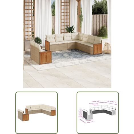 The Living Store 9-tlg. Garten-Sofagarnitur mit Kissen Beige Poly Rattan - Gartensofas - Gartenmöbelset - PE-Rattan Möbel - Outdoor Lounge Set - Balkonmöbel