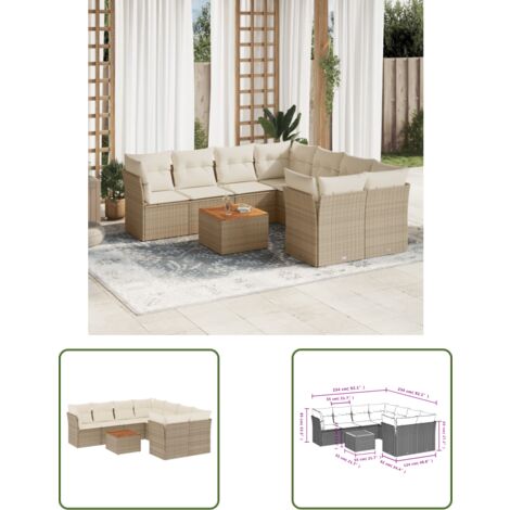 The Living Store 9-tlg. Garten-Sofagarnitur mit Kissen Beige Poly Rattan - Gartensortiment - Esszimmergarnitur - Lounge Set - Gartenmöbelset - Rattan Möbel