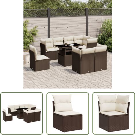 The Living Store 9-tlg. Garten-Sofagarnitur mit Kissen Braun Poly Rattan - Gartensorte - Gartenmöbelset - PE-Rattan Möbel - Outdoor Sofa - Lounge Set