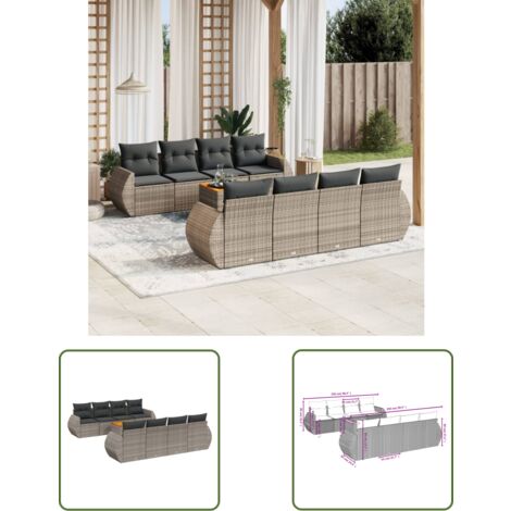 The Living Store 9-tlg. Garten-Sofagarnitur mit Kissen Grau Poly Rattan - Gartenmöbel - Outdoor Möbel - Rattan Gartenset - Lounge Set - Esstisch