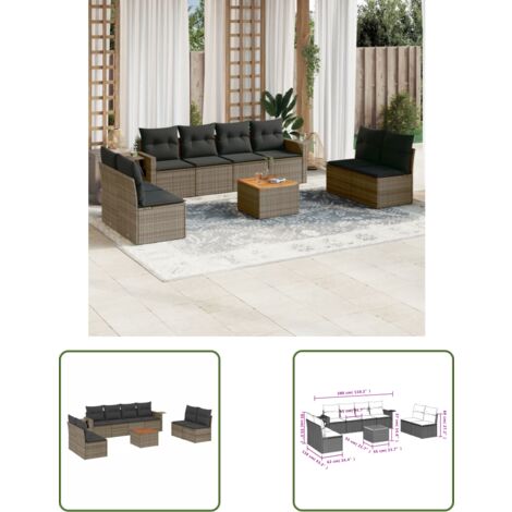 The Living Store 9-tlg. Garten-Sofagarnitur mit Kissen Grau Poly Rattan - Gartenmöbel - Outdoor Möbel - Rattan Gartenset - Lounge Set - Esszimmergarnitur