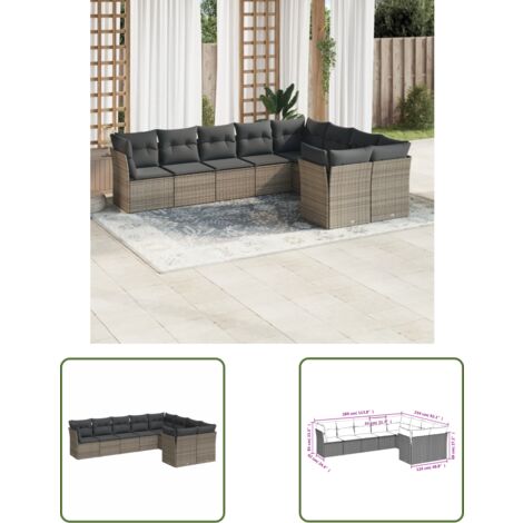 The Living Store 9-tlg. Garten-Sofagarnitur mit Kissen Grau Poly Rattan - Gartenmöbel - Rattan Möbel - Lounge Set - Esszimmergarnitur - Terrassenmöbel