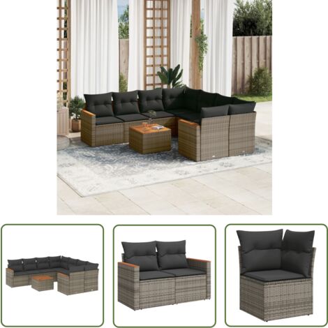 The Living Store 9-tlg. Garten-Sofagarnitur mit Kissen Grau Poly Rattan - Gartenmöbel Set - Outdoor Lounge - Rattan Gartenset - Esstisch Set - Balkonmöbel