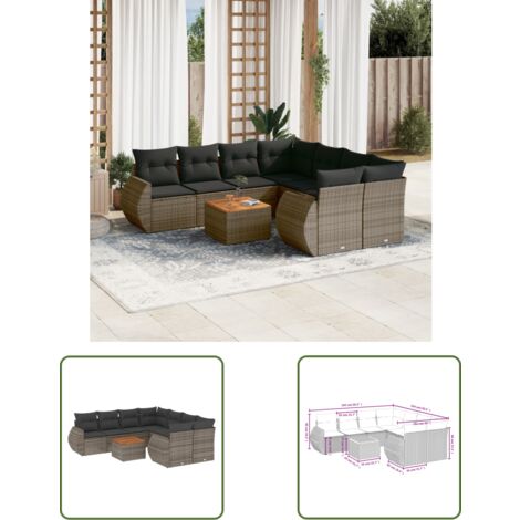The Living Store 9-tlg. Garten-Sofagarnitur mit Kissen Grau Poly Rattan - Gartenmöbel Set - PE-Rattan Möbel - Outdoor Lounge - Esstisch - Gartenlounge