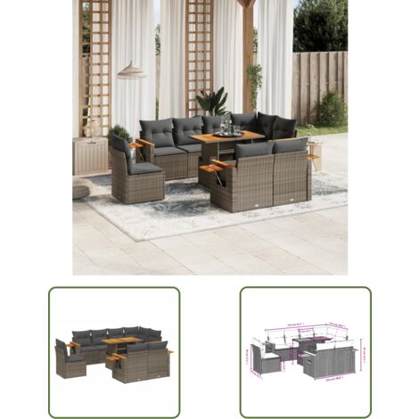 The Living Store 9-tlg. Garten-Sofagarnitur mit Kissen Grau Poly Rattan - Gartenmöbel Set - PE-Rattan Möbel - Outdoor Lounge - Gartenlounge - Balkonmöbel