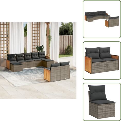 The Living Store 9-tlg. Garten-Sofagarnitur mit Kissen Grau Poly Rattan - Gartensessel