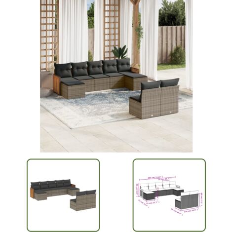 The Living Store 9-tlg. Garten-Sofagarnitur mit Kissen Grau Poly Rattan - Gartensorte - Gartenmöbelset - PE-Rattan Möbel - Outdoor Lounge Set - Balkonmöbel