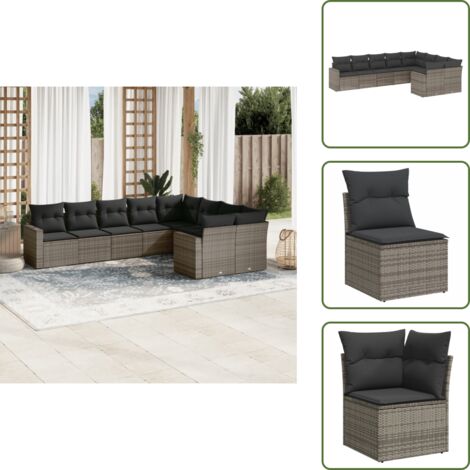 The Living Store 9-tlg. Garten-Sofagarnitur mit Kissen Grau Poly Rattan - Gartensortiment - Gartenmöbel - Outdoor Möbel - Lounge Set - Rattan Gartenmöbel